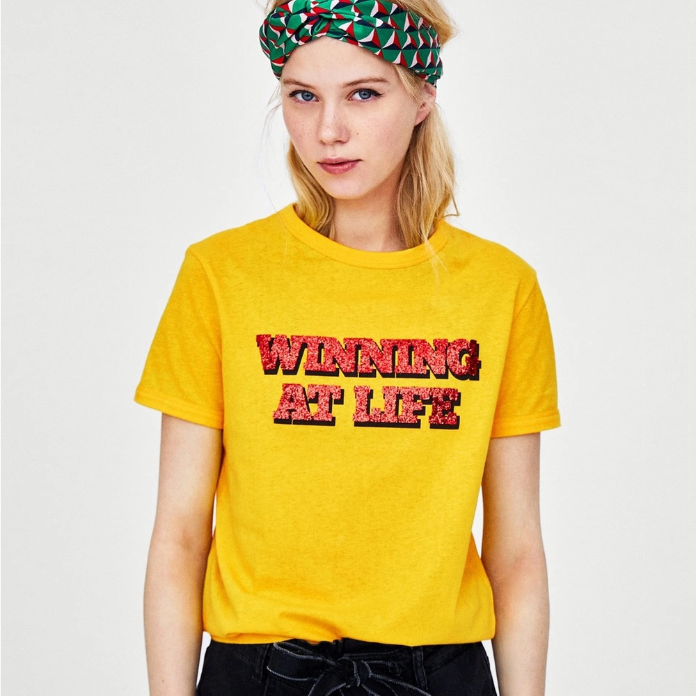 Zara- Yellow Glitter Text T-Shirt- Size Small - PRELOVED